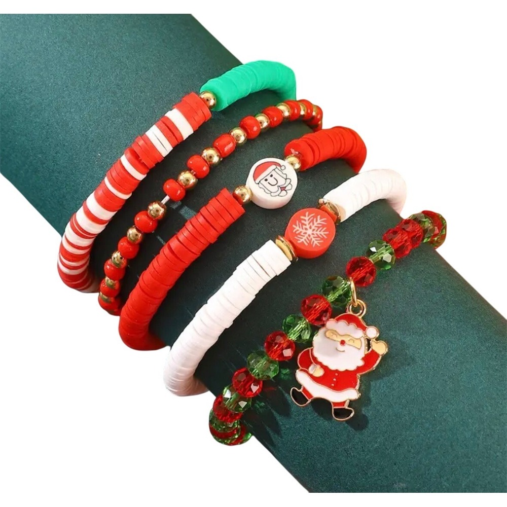 Christmas Beaded Bracelet Set Women Red Green Santa Snowflake Holiday New‎